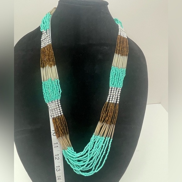 NWT Multi-Strand Turquoise, Brown, and Silver Colored Bead Necklace & earrings - Picture 2 of 4